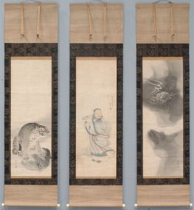 東方朔龍虎図 (とうぼうさくりゅうこず) 寛政2年（1790） 絹本墨画淡彩　3幅対 個人蔵