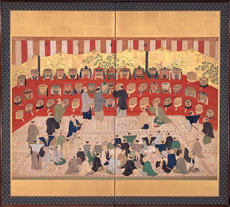 鶉会之図屏風　作者不詳 18世紀後半（1751～1799）　東京都江戸東京博物館蔵