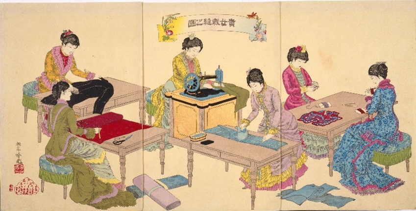 貴女裁縫之図（パネル）　安達吟光/画　1887年（明治20）
